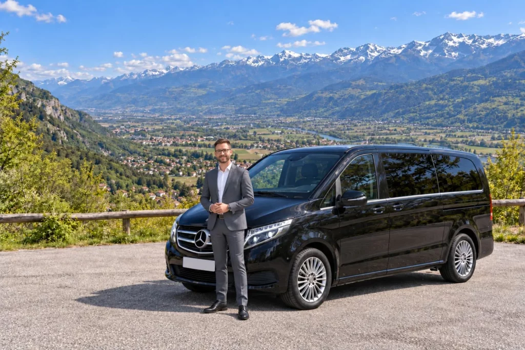 Homme en costume près d’un van Mercedes noir, devant une vallée et des montagnes.