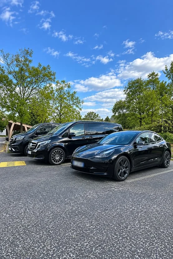 Deux vans et une berline noirs stationnés sous les arbres.