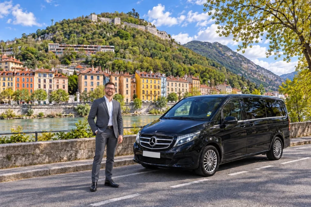 Homme en costume près d’un van Mercedes noir au bord d’une rivière, devant des façades colorées.